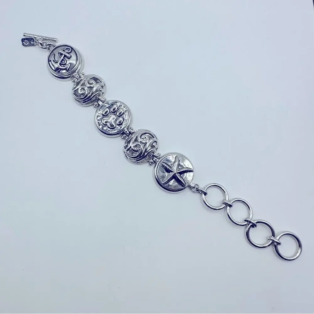 GS Signed Silver Bracelet Nautical Coastal Anchor Dog Paw Round Circles Starfish